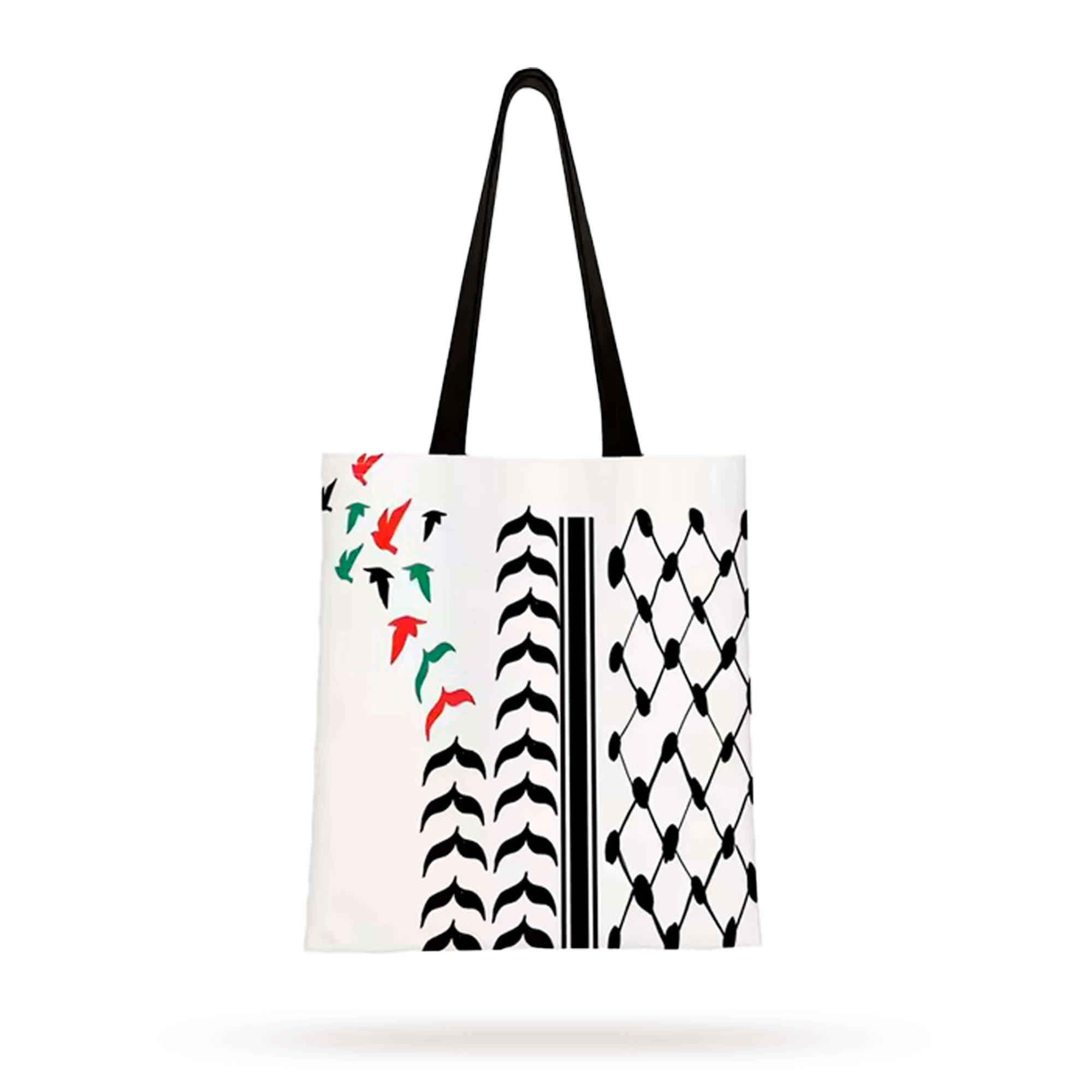 Tote bag blanco trama kufiya pájaros colores Palestina