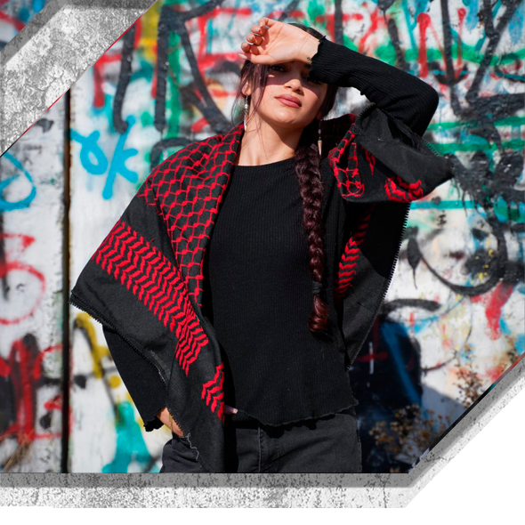 Kufiya Negra y Roja Producto de alta calidad, 60% algodón. Hecho en Nablus, Palestina.