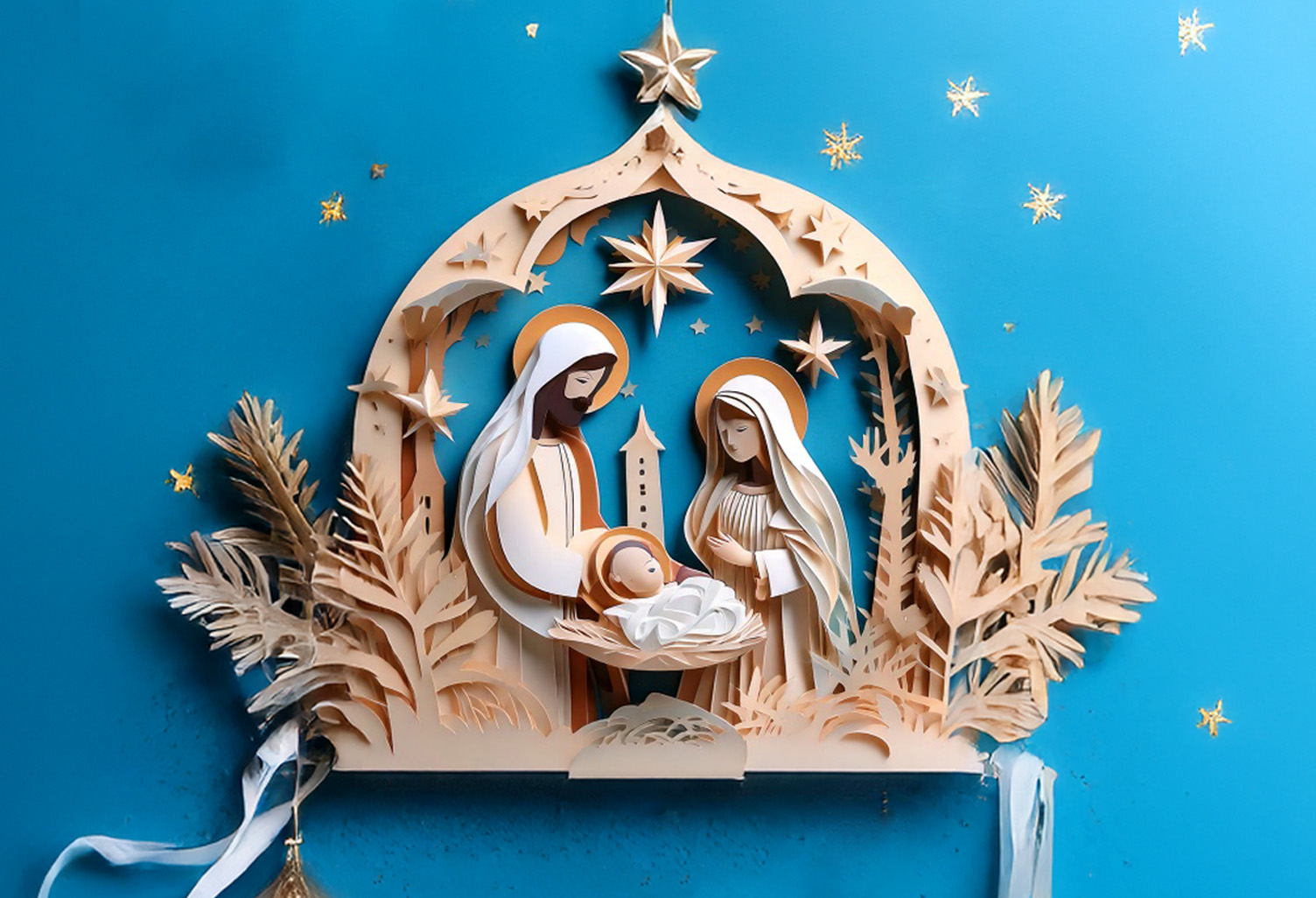 Christmas. Portal de belén con la virgen María, San José y el niño Jesús, Belén está en Palestina. Jesucristo era palestino.