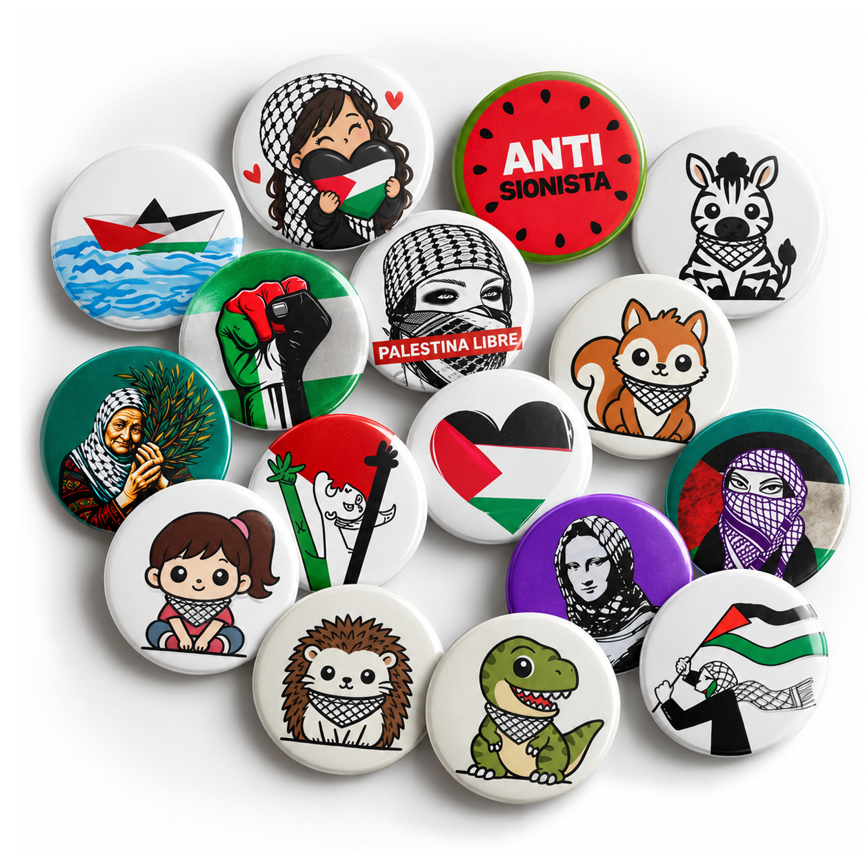 Surtido de chapas para apoyar a Palestina. Corazón, animalitos con kufiyas, anciana con rama de olivo, barco flotilla por Gaza, Guernika, resistencia, banderas